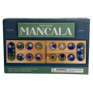 Solid‎ Wood Mancala Strategy Board Game Set with 48 Multi-Colored Stones Ages 6+